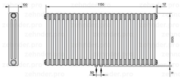 Схема (чертеж) Радиатор Zehnder Charleston 3100/25 №5410 Белый глянцевый RAL 9016